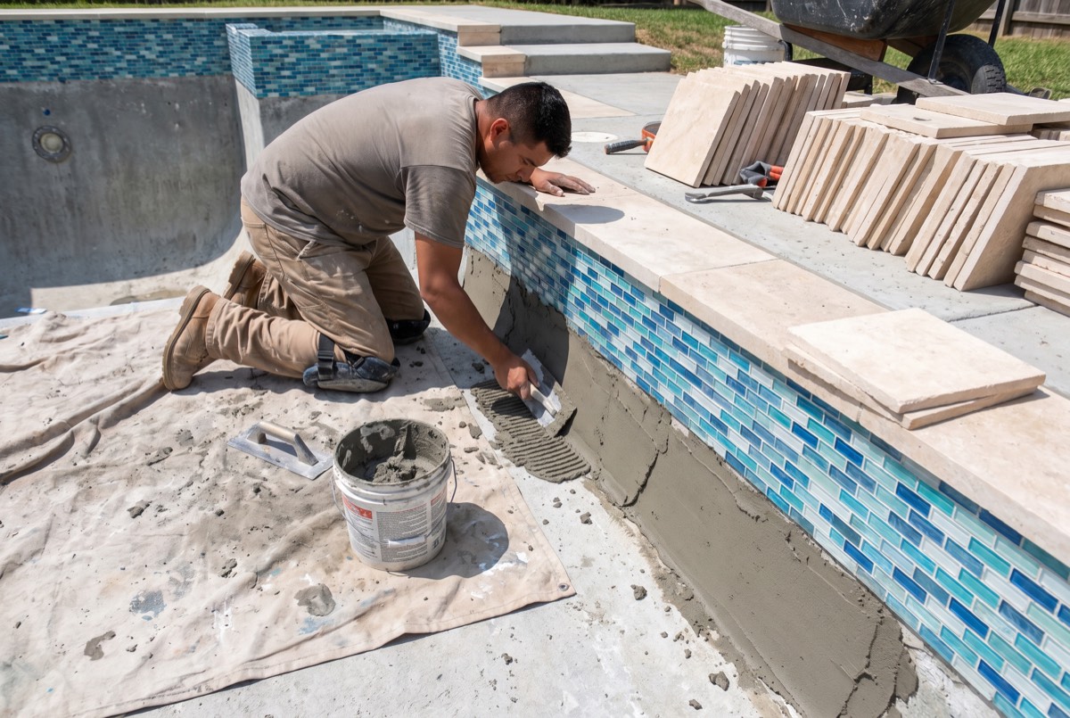 Tile setter installing new glass mosaic waterline tile with travertine coping staged, Carrollton TX